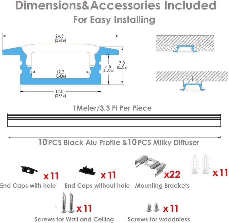 Besseto 10 Pack 3.3ft 1M Recessed LED Aluminum Channel Black,LED Strip Light Diffuser Aluminum Channel Profile Housing Track for 12mm Width Strip Light - Image 2